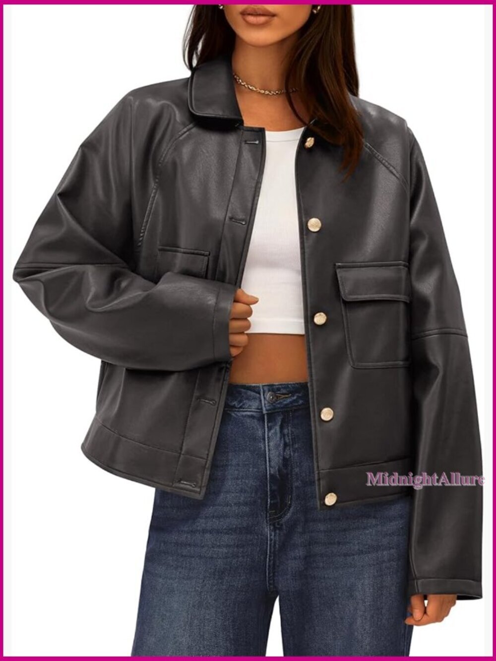 Faux Leather Motorcycle Jacket Oversized Button Down Long Sleeve